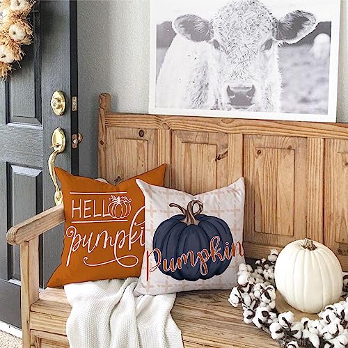 DFXSZ Fall Pillow Covers 18x18 inch Set of 4 Buffalo Plaid Fall Blue Pumpkin Throw Pillow Cover Autumn Thanksgiving Decoration for Home Couch Bed