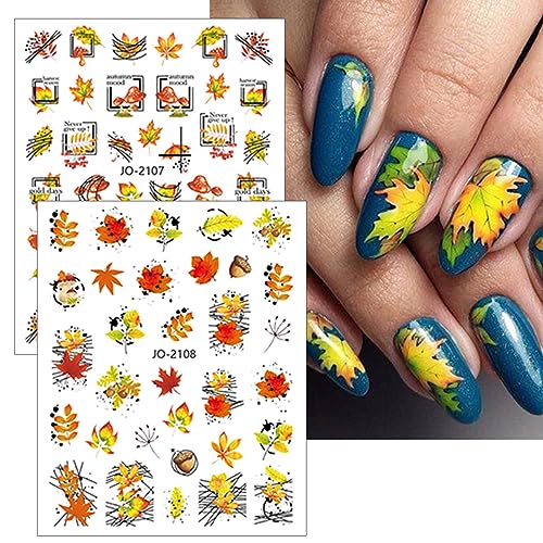 8 Sheets Fall Nail Art Stickers Decals,3D Fall Maple Leaf Nail Decals Self-Adhesive Nail Art Supplies Maple Leaves Mushroom Nail Designs Stickers Thanksgiving Day Decorations for Women DIY Nail Art