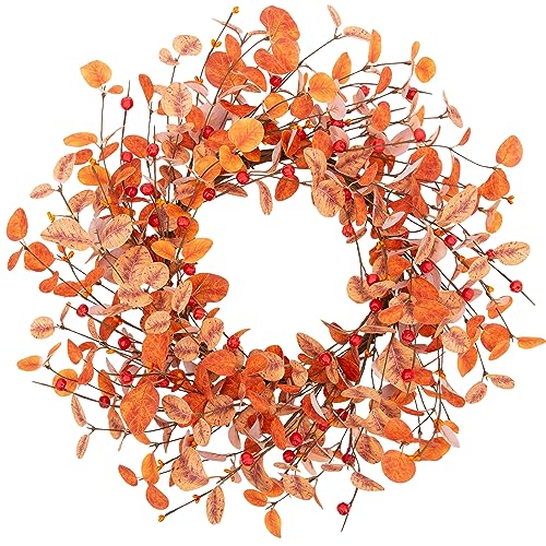 VGIA 18 Inch Fall Wreath Eucalyptus Leaves Wreath Artificial Autumn Wreath for Front Door Fall Leaves Wreath with Berries Fall Decorations for Home and Farmhouse