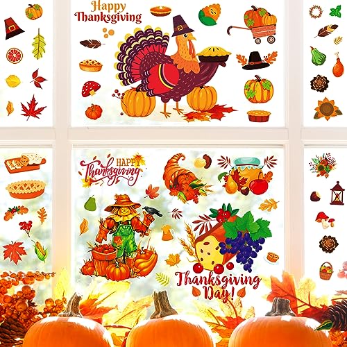 193 PCS Thanksgiving Window Clings Stickers Fall Decor, Double-Side Turkey Cling for Glass Window Thanksgiving Decorations for Home Party