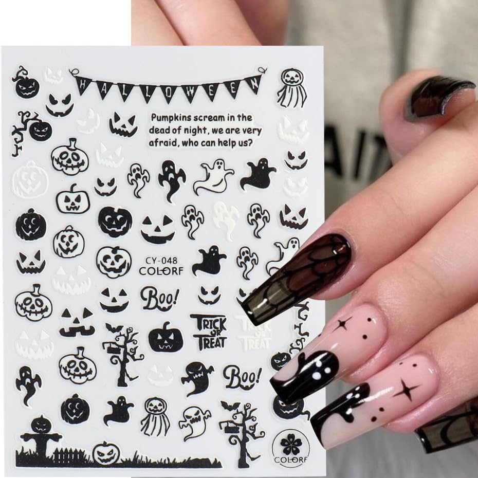 6 Sheets Halloween Nail Art Stickers Glow in Dark Nail Decals Skull Head, Bat, Spider Web, Cat, Alien Design Nail Stickers Luminous 3D Self Adhesive Decals Halloween Nail Decorations for Women Kids