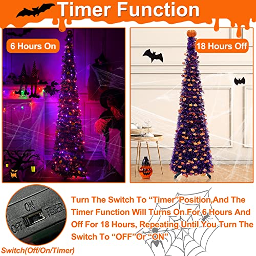 [ Orange & Purple Lights ] 5 Ft Halloween Black Tree Timer DIY 50 Lights Battery Operated Pumpkin Top Sequin Tinsel Artificial Pop Up Pencil Scary Halloween Decoration Home Indoor Outdoor