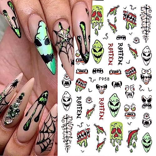 8 Sheets Halloween Nails Art Stickers Decals,Horror Skull Zombie Blood Rose Ghost Eyes Nail Sticker,Day of The Dead Nails Decals,3D Self-Adhesive Design for Women Manicure Decorations Supplies