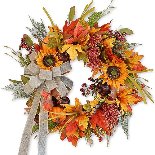 Fall Wreaths for Front Door, Sunflower Autumn Wreath, Pumpkins and Burlap Bows, for Halloween Christmas Farmhouse Indoor Outdoor Outside