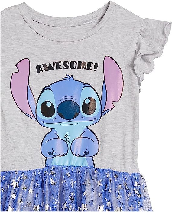 Disney Big Stitch Ruffle Sleeve Tulle Dress-Girls Sizes 4-16, Heather/Blue, 14-16