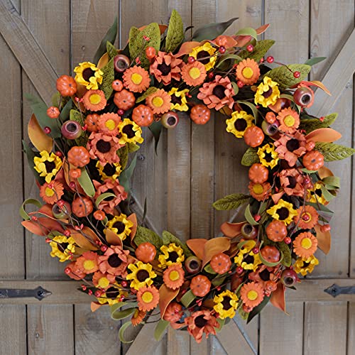 Bibelot Fall Wreath Artificial Pumpkin Wreath Green Leaves for Front Door Autumn Wreaths Farmhouse Home Office Wedding Party Wall Decor … (Pumpkin)