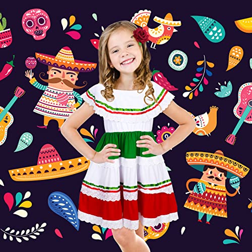 Xtinmee 2 Pcs Girls Traditional Mexican Fiesta Dress Kit with Flower Headpiece Cinco De Mayo Halloween Party Costume Size 6-8(Cute Style)