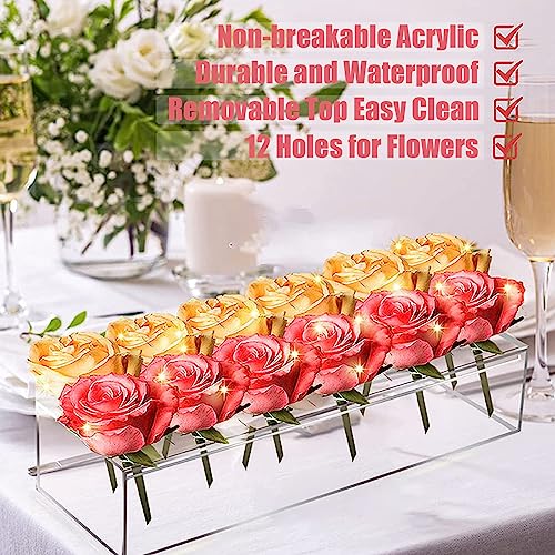 1 Pack Clear Acrylic Flower Vase Rectangular Floral Centerpiece for Dining Table, Home, Weddings Decor, 11.8 Inches Long Acrylic Vase with 12 Holes for Flowers