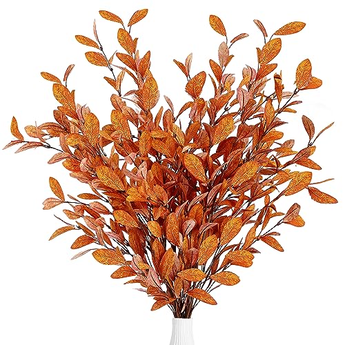 Sggvecsy 6 Pcs Artificial Fall Eucalyptus Stems Fall Eucalyptus Leaves Silk Autumn Leaf Branches Fall Decorations for Home Vase Thanksgiving Table Centerpieces Harvest Festival Decor (Orange)