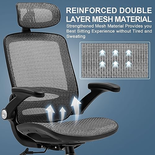 Ergonomic Mesh Office Chair - High Back Mesh Desk Chair with 2D Headrest, Flip-up Armrests, 135°Tilt Function, Comfort Wide Mesh Seat, Swivel Mesh Gaming Chair for Home 350LB