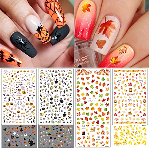 TailaiMei 16 Sheets Holiday Nail Stickers, Halloween & Thanksgiving Day Fall 3D Self-Adhesive Seasonal Nail Art Decals for Autumn DIY Nail Decorations