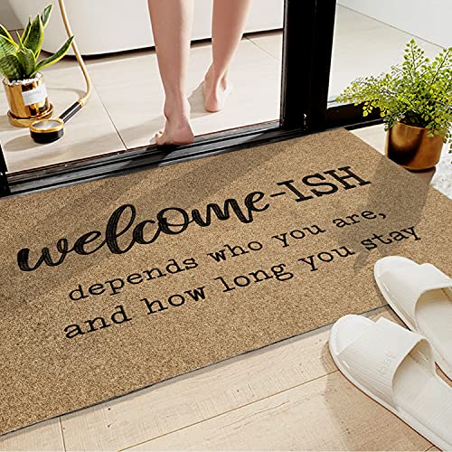 JJUUYOU Welcome Mats for Front Door Outdoor Entry Welcome Ish Depends Who You are Doormat Non Slip Rubber Mat for Home Indoor Farmhouse Funny Kitchen Mats Patio Full Brown