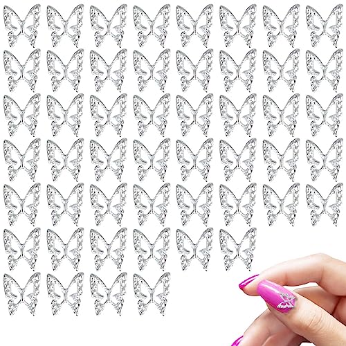 50PCS 3D Alloy Butterfly Nail Charms,Butterflies Shape Charms Decorations Supplies for Girls Nail Art Designs DIY Accessories (Silver)