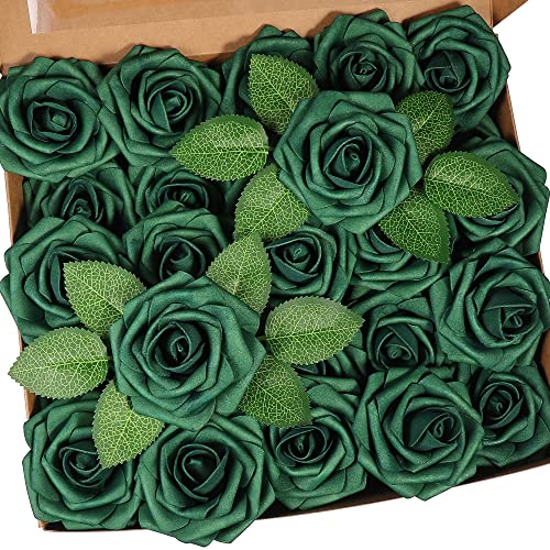 Jdsour 50pcs Artificial Flower，Real Touch Fake Roses w/Stem DIY for Wedding Bridal Bouquet Centerpieces Party Baby Shower Home Decorations (50pcs- Green boxpack)