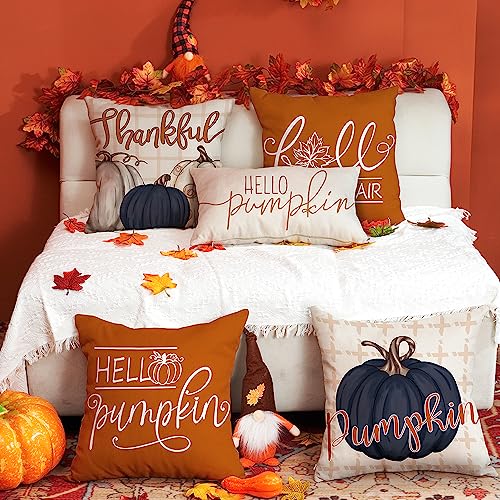 DFXSZ Fall Pillow Covers 18x18 inch Set of 4 Buffalo Plaid Fall Blue Pumpkin Throw Pillow Cover Autumn Thanksgiving Decoration for Home Couch Bed