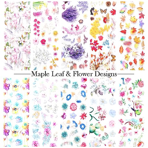 Maple Leaf Nail Foil Transfer Sticker Decals Fall Flowers Nail Art Foil Decals Holographic Autumn Lavender Designs Nail Art Supplies for Thanksgiving Day Women Nail Decorations Films 10 Sheets