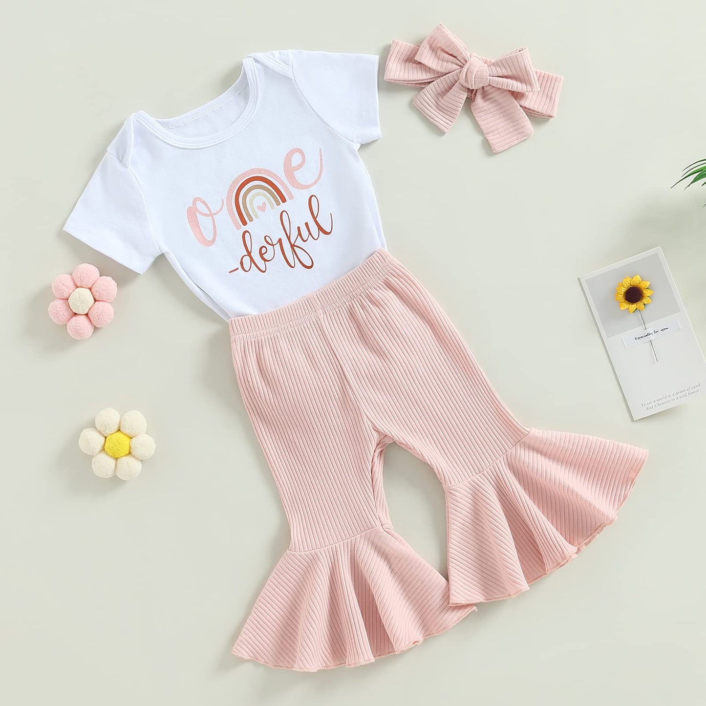 YOKJZJD Baby Girl Short Sleeve Romper T-Shirt Tops Bell Bottom Pants Set One Year Old Birthday Outfit 3Pcs Summer Clothes (White , 6-12 Months )