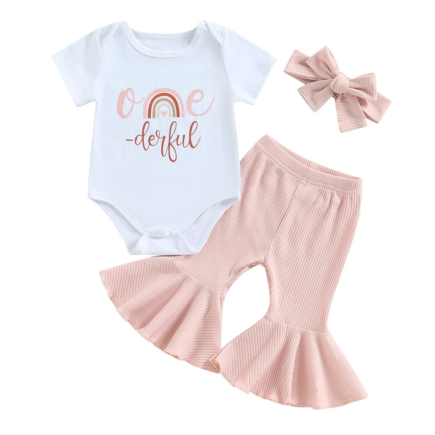 YOKJZJD Baby Girl Short Sleeve Romper T-Shirt Tops Bell Bottom Pants Set One Year Old Birthday Outfit 3Pcs Summer Clothes (White , 6-12 Months )