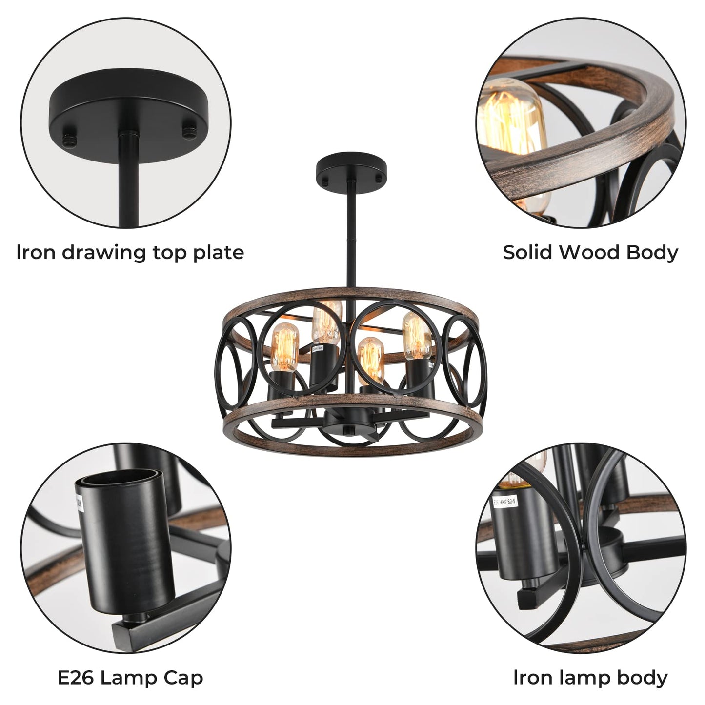 Light Fixtures Ceiling Mount,4-Lights Semi Flush Mount Ceiling Light Fixture,17.71" Black Dining Room Chandelier Rustic Drum Chandelier Pendant Light Fixture with Wood Grain Finish for Kitchen