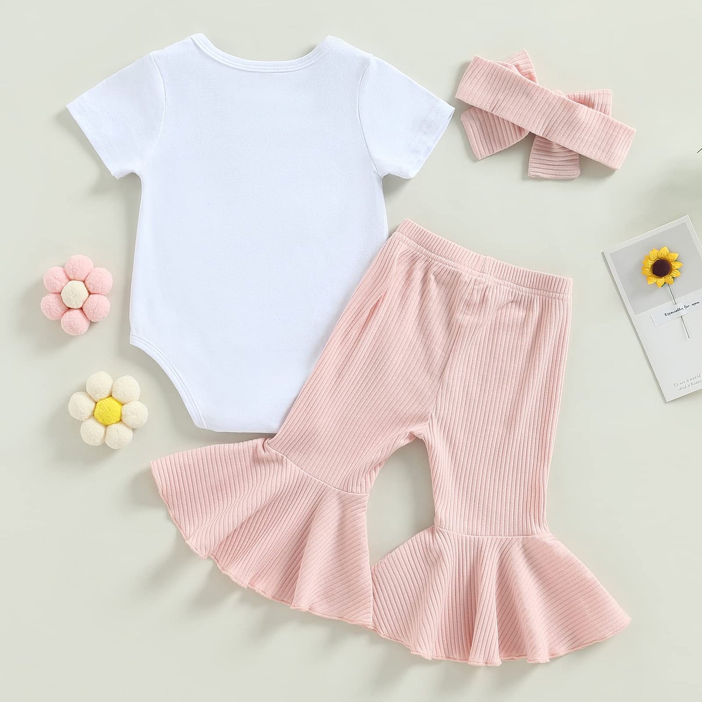 YOKJZJD Baby Girl Short Sleeve Romper T-Shirt Tops Bell Bottom Pants Set One Year Old Birthday Outfit 3Pcs Summer Clothes (White , 6-12 Months )