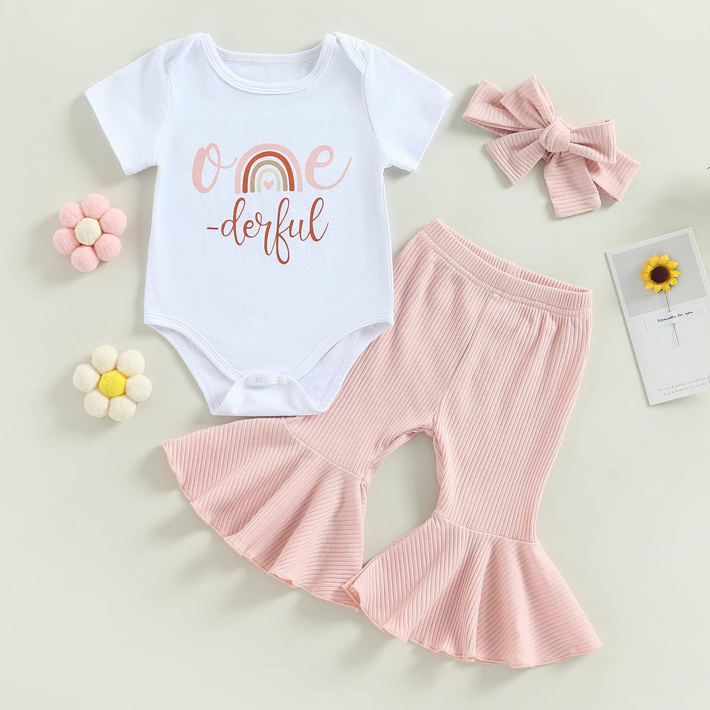 YOKJZJD Baby Girl Short Sleeve Romper T-Shirt Tops Bell Bottom Pants Set One Year Old Birthday Outfit 3Pcs Summer Clothes (White , 6-12 Months )